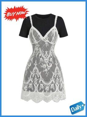 Y2K 2-in-1 Lace Tee Dress Short Sleeve A-Line Summer Party Dress